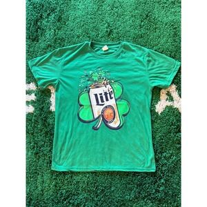 Green Miller Lite Beer Shamrock St Patricks Day T‎ Shirt Graphic Tee Size L